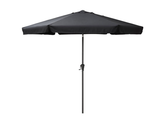 10ft black patio umbrella with round tilting canopy, durable fabric, and sturdy metal pole.