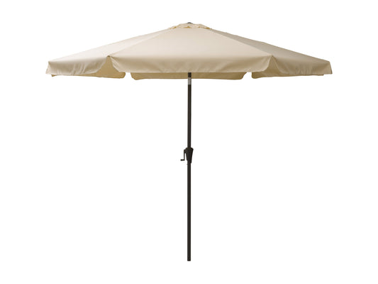 10ft round patio umbrella, warm white fabric, tilting feature, sturdy metal pole, outdoor garden shade.