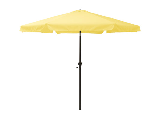 Yellow 10ft round patio umbrella with tilting mechanism, UV-resistant fabric, and sturdy aluminum pole.