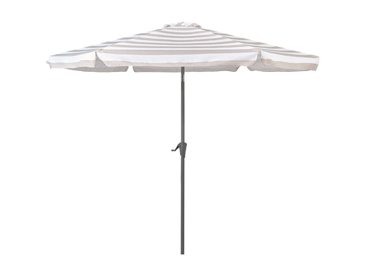 10ft round tilting patio umbrella in taupe and white with sturdy aluminum pole and UV-resistant fabric