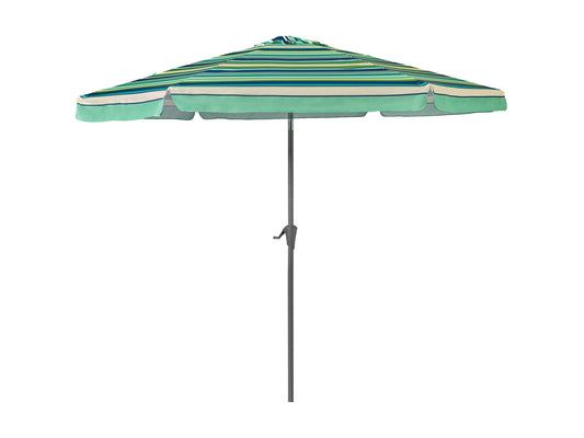 Green and white 10ft patio umbrella with round tilting canopy and sturdy metal pole, perfect for outdoor shade.