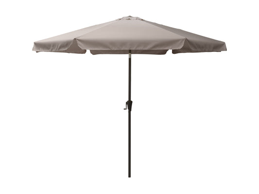 Grey 10ft round patio umbrella with tilting feature, UV-resistant fabric, and sturdy aluminum pole.