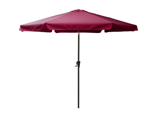 Wine red 10ft patio umbrella with tilting feature, round canopy, and sturdy pole for outdoor shade.