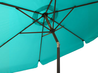 Turquoise 10ft round patio umbrella with tilting mechanism and sturdy pole for outdoor shade.