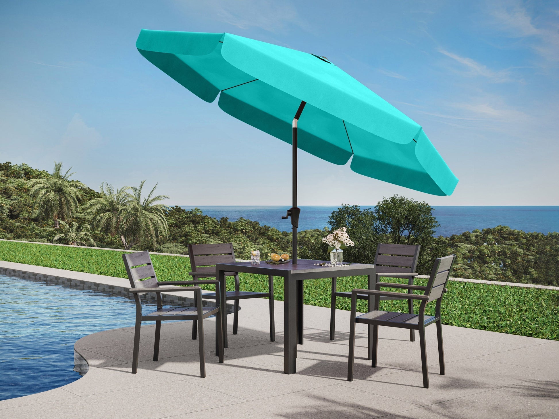 Turquoise 10ft round patio umbrella with tilting feature and sturdy metal frame.