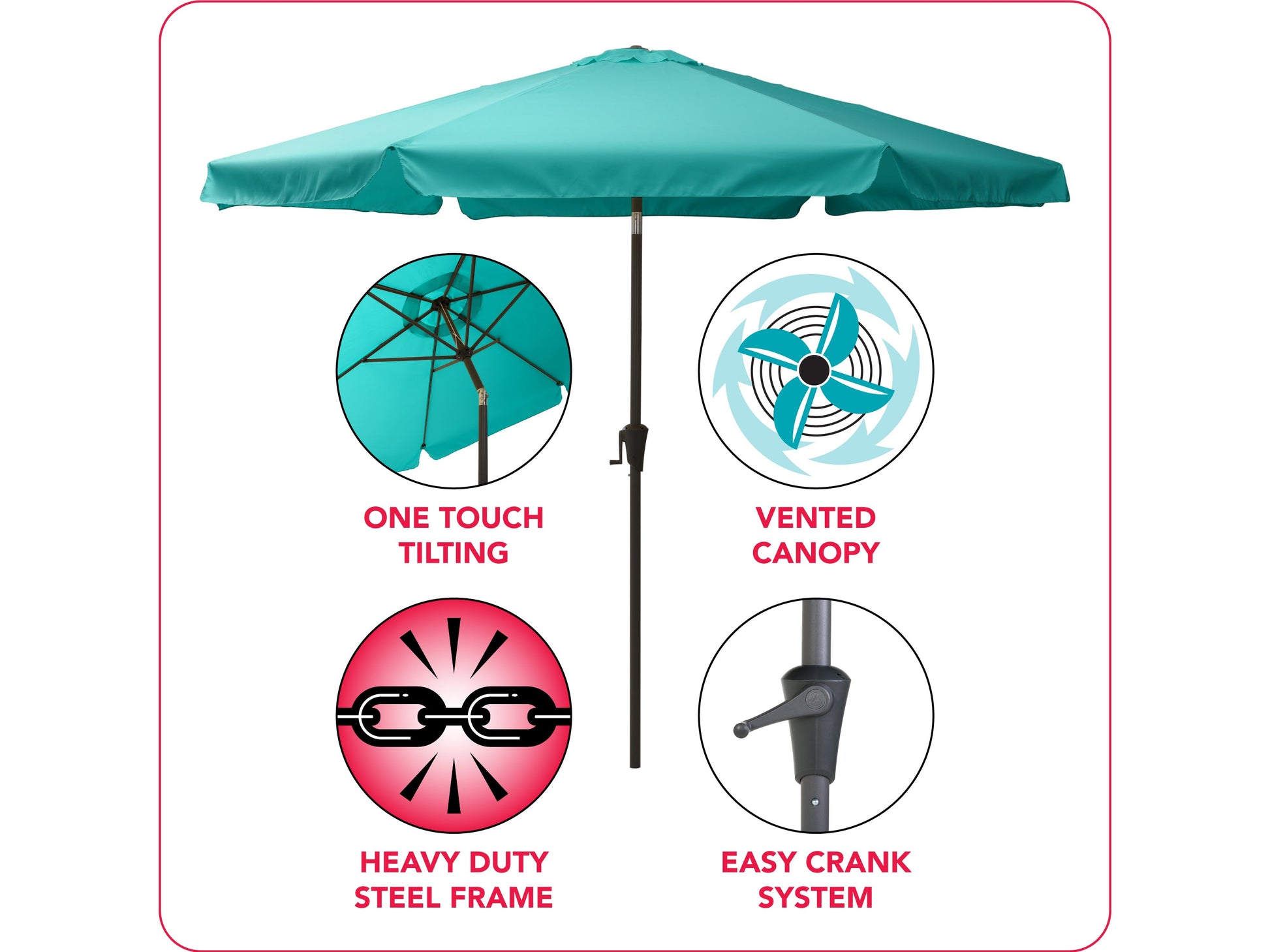 10ft turquoise patio umbrella with tilting mechanism, round canopy, and sturdy aluminum pole for outdoor use.