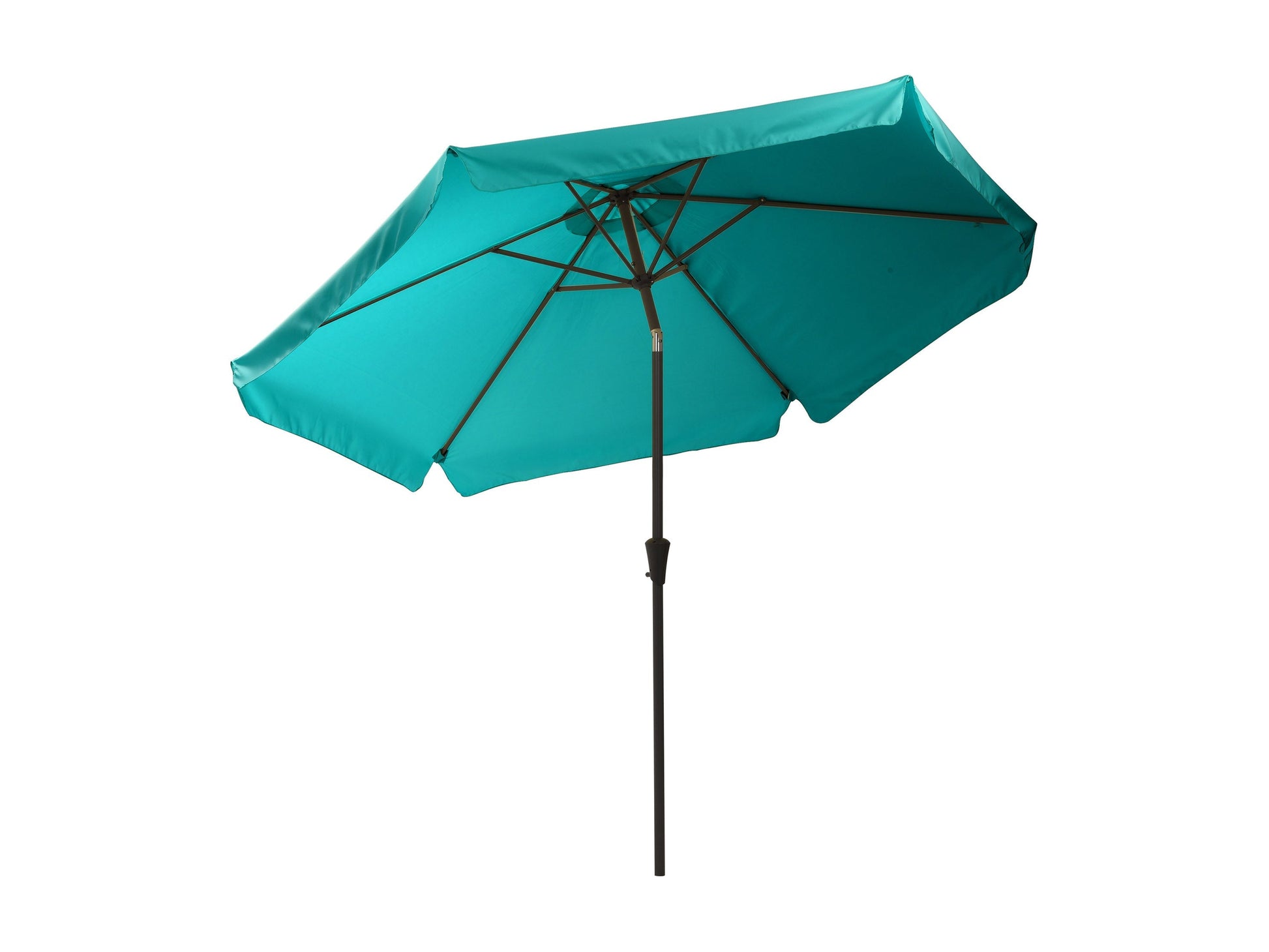 10ft turquoise patio umbrella with round tilting canopy, sturdy pole, and UV protection for outdoor spaces.