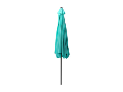 Turquoise 10ft round patio umbrella with tilting feature, UV protection, and sturdy aluminum pole.