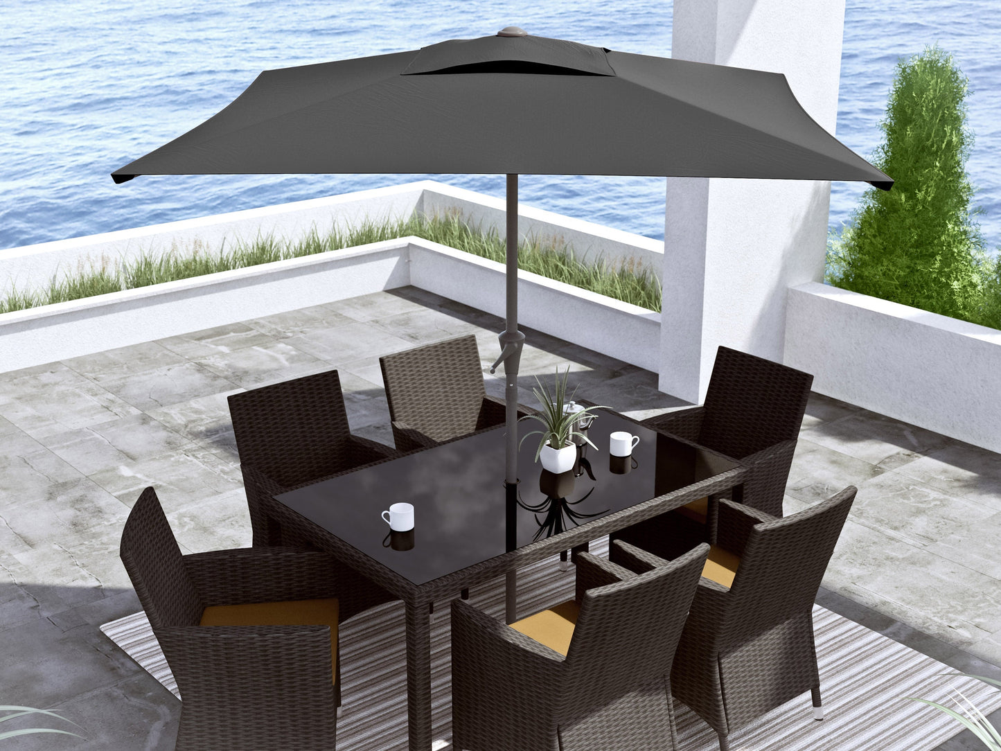 Black 9ft square patio umbrella with tilting feature, sturdy aluminum frame, and weather-resistant fabric.