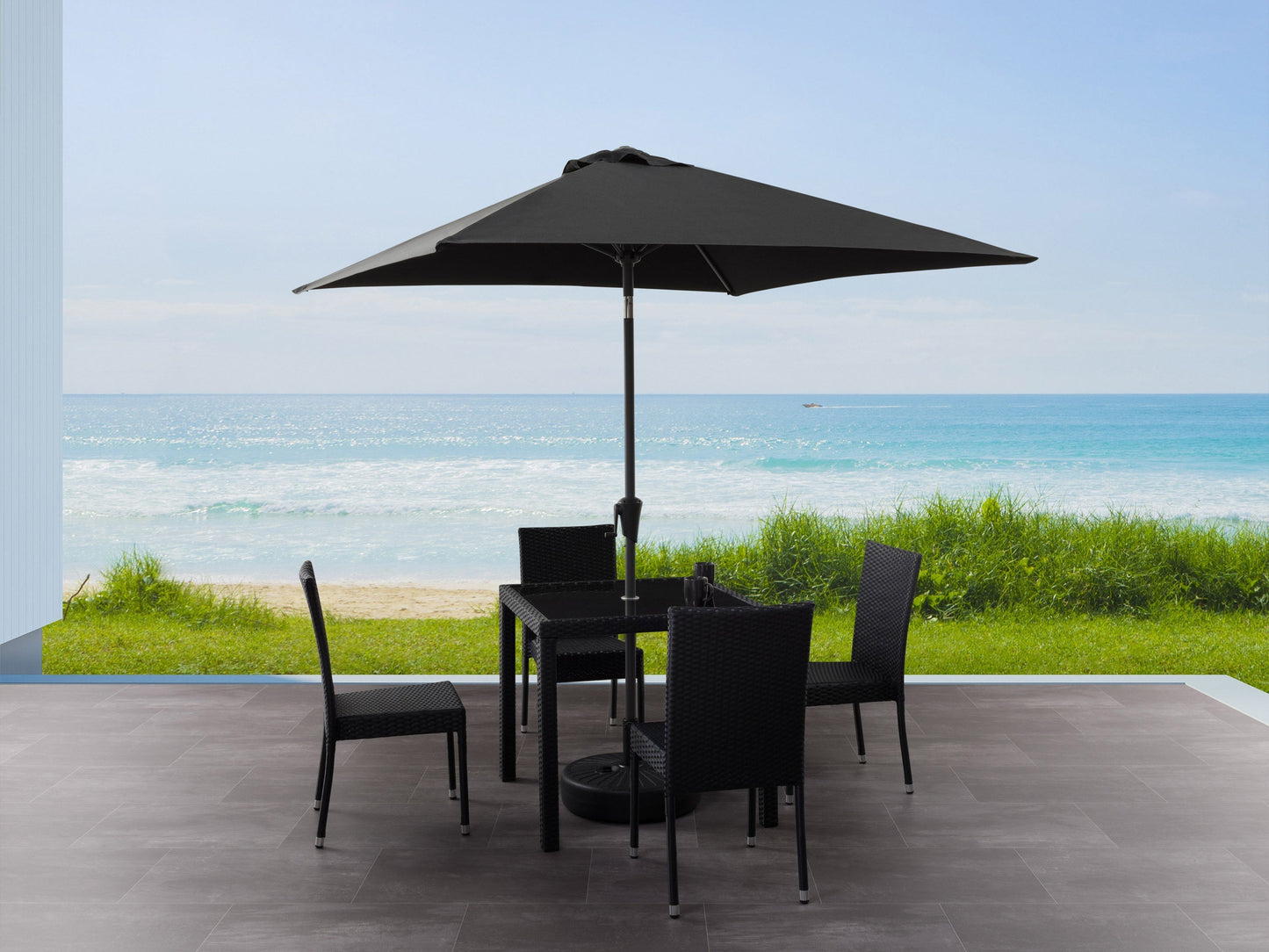 9ft square black patio umbrella with tilting feature, durable fabric, and sturdy metal frame for outdoor use.