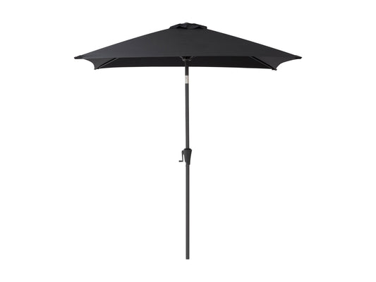 Black 9ft square patio umbrella with tilting feature, durable fabric, and sturdy aluminum frame.