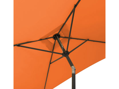 Orange 9ft square patio umbrella with tilting mechanism and durable fabric, perfect for outdoor shade.