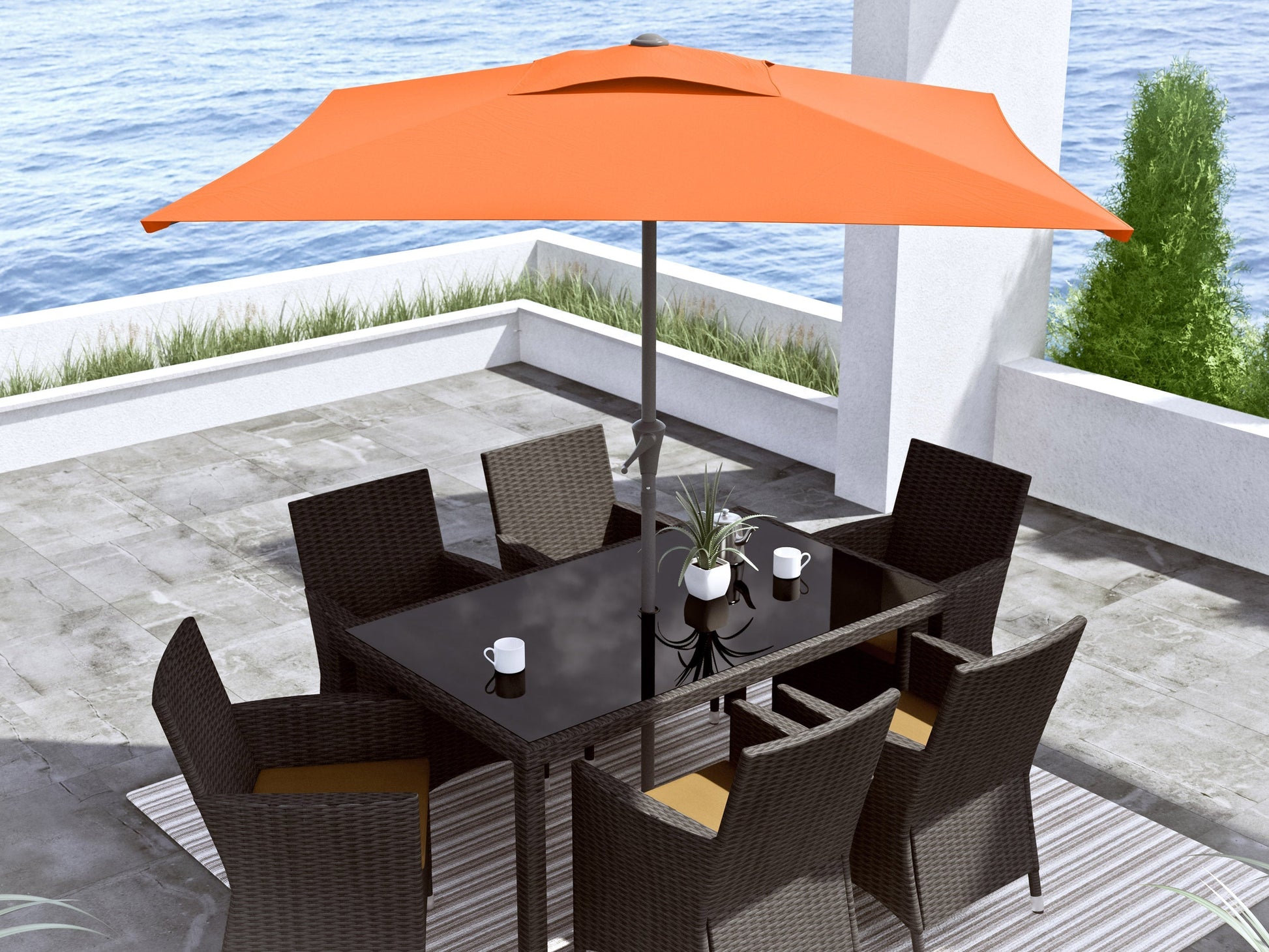 Orange 9ft square patio umbrella with tilting feature and sturdy pole for outdoor use.