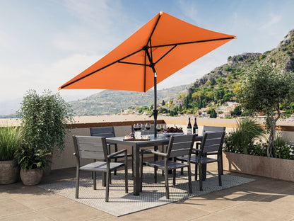 9ft square orange patio umbrella, tilting feature, durable fabric, sturdy pole, outdoor shade solution