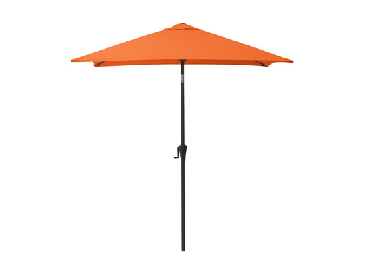 Orange 9ft square patio umbrella with tilting feature, durable fabric, and sturdy aluminum frame for outdoor use.