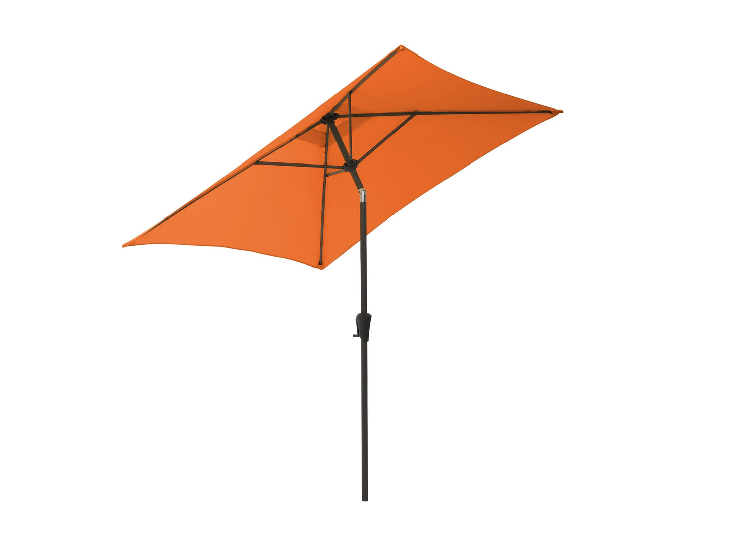 Orange 9ft square patio umbrella with tilting feature, UV-resistant fabric, and sturdy aluminum frame for outdoor use.