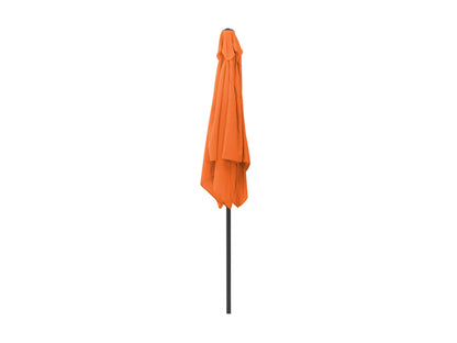 Bright orange 9ft square patio umbrella with tilting feature and sturdy aluminum pole.