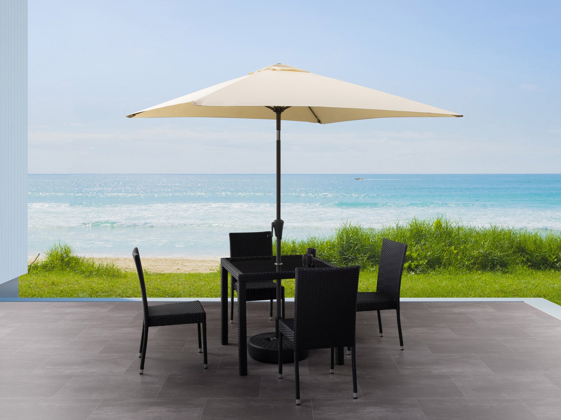 9ft square patio umbrella, tilting, warm white canopy, durable aluminum frame, outdoor sun protection.