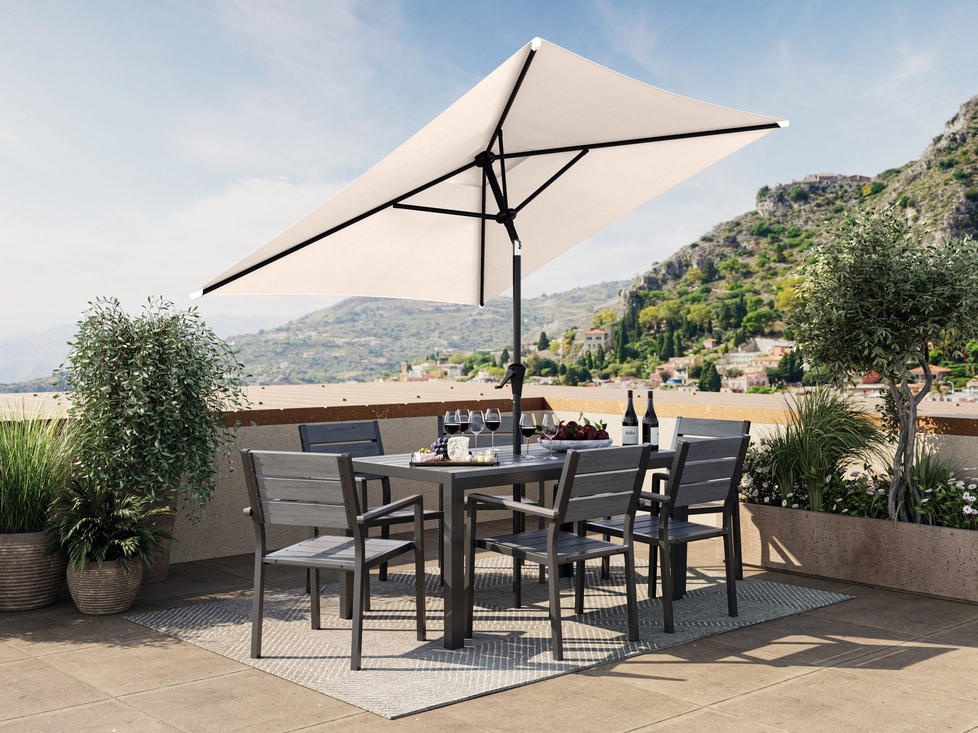 9ft square patio umbrella in warm white, tilting feature, sturdy aluminum frame, outdoor sunshade.