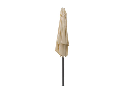 9ft square warm white tilting patio umbrella with sturdy metal frame and weather-resistant fabric.