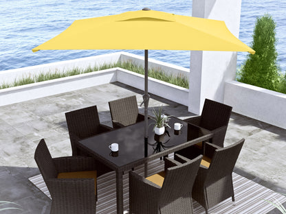 Bright yellow 9ft square patio umbrella with tilting feature, sturdy aluminum pole, and UV-resistant fabric.