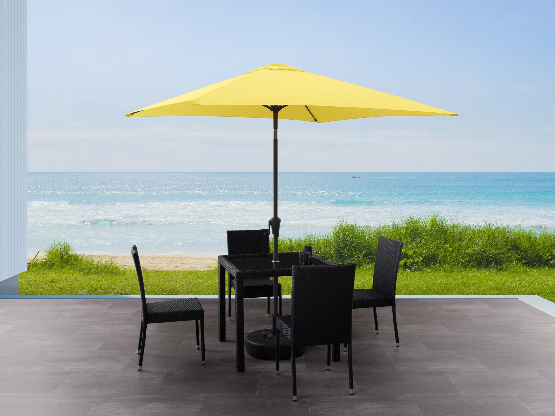 Yellow 9ft square patio umbrella with tilting feature, UV-resistant fabric, and sturdy aluminum pole.