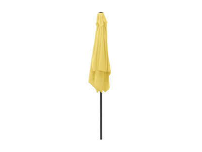 Bright yellow 9ft square patio umbrella with tilting feature, durable fabric, and sturdy metal pole for outdoor shade.