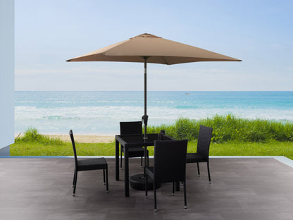 Brown 9ft square patio umbrella with tilting feature, durable fabric, and sturdy metal pole for outdoor use.