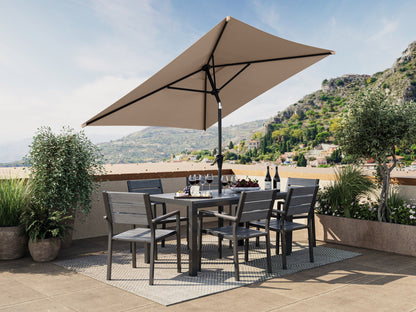 9ft square brown patio umbrella, tilting, with durable fabric and sturdy metal frame for outdoor shade.