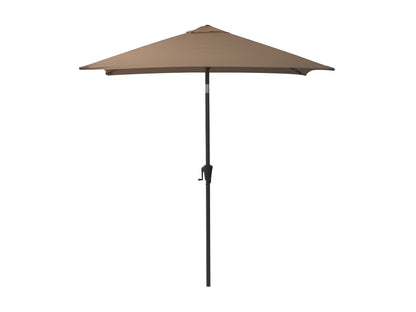 9ft square brown patio umbrella, tilting feature, UV-resistant fabric, and sturdy aluminum frame.