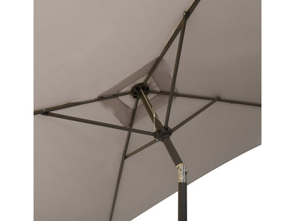 Grey 9ft square patio umbrella with tilting mechanism, durable fabric, and sturdy metal frame.