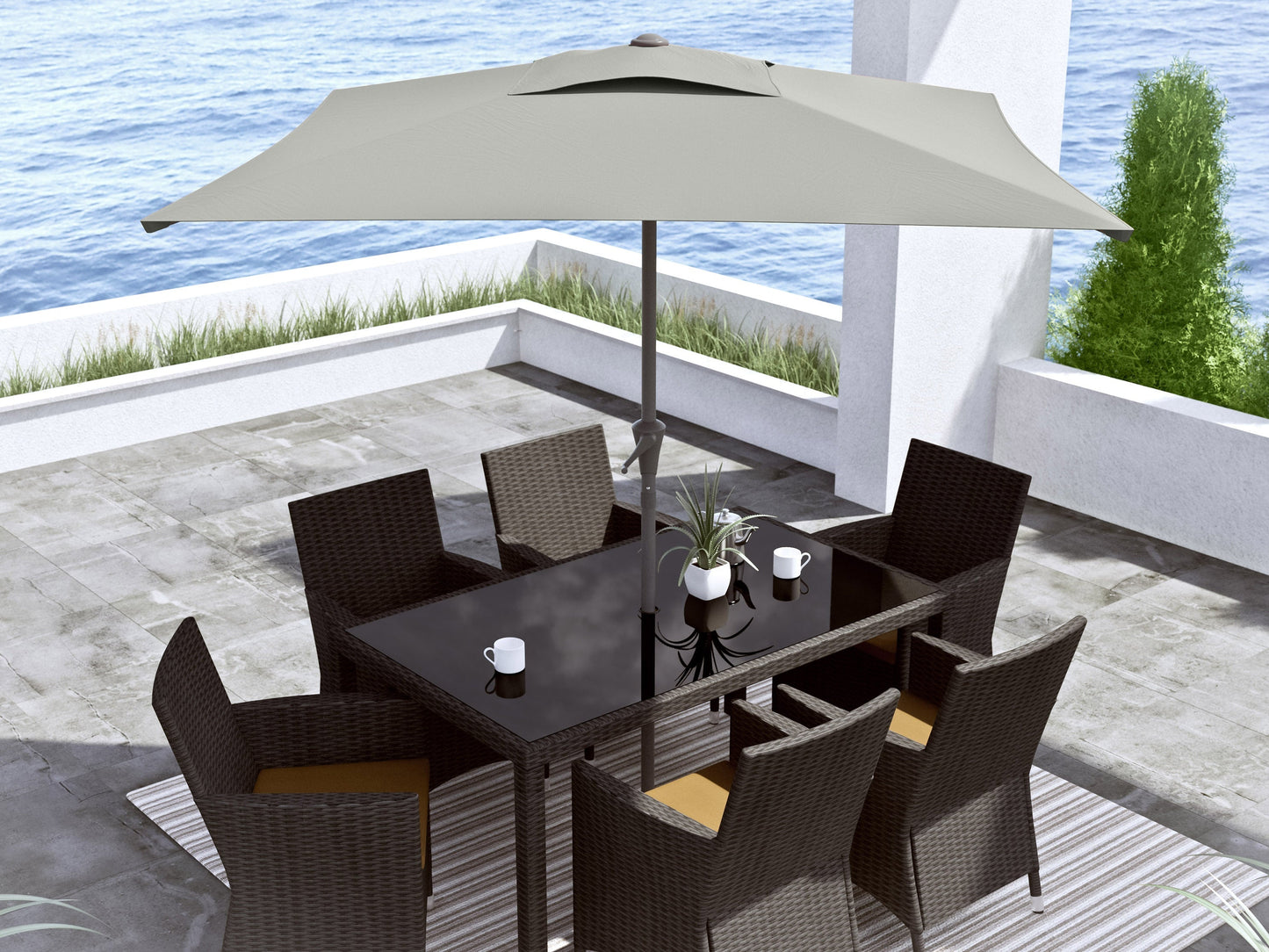 9ft grey tilting patio umbrella with square canopy and sturdy aluminum pole.