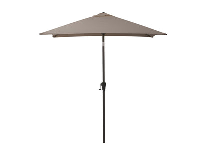 Grey 9ft square patio umbrella with tilting feature, durable fabric, and sturdy aluminum frame for outdoor use.