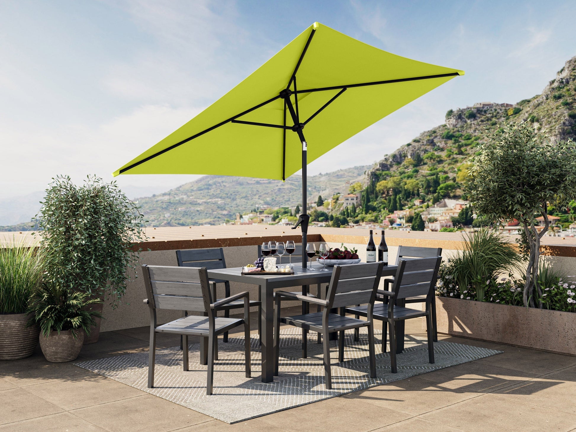 9ft square lime green patio umbrella with tilting mechanism, sturdy aluminum pole, and UV-resistant fabric, providing excellent shade and durability for outdoor spaces.