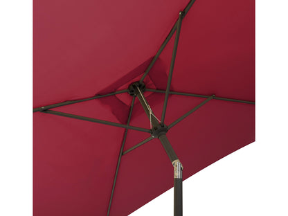 Wine red 9ft square patio umbrella with tilting feature, durable fabric canopy, and sturdy metal frame.