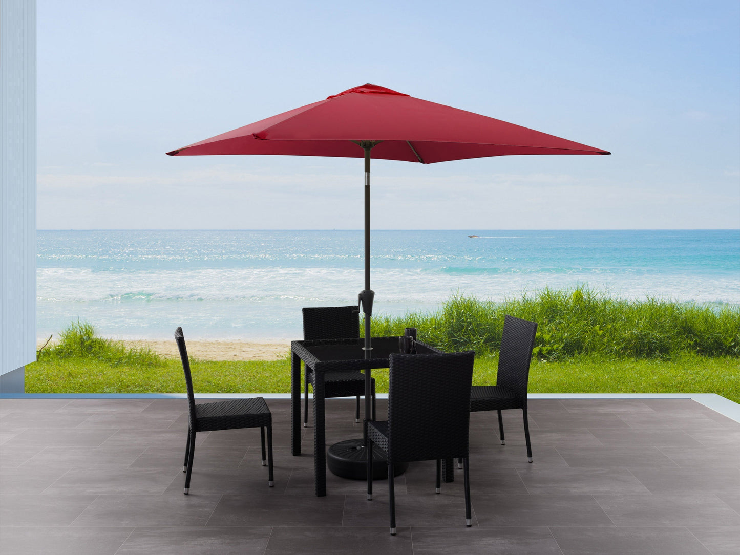 Wine red 9ft square patio umbrella, tilting feature, durable fabric, and sturdy frame for outdoor shade.