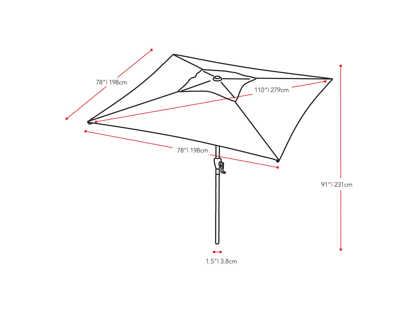 turquoise blue square patio umbrella, tilting 300 Series measurements diagram CorLiving#color_ppu-turquoise-blue