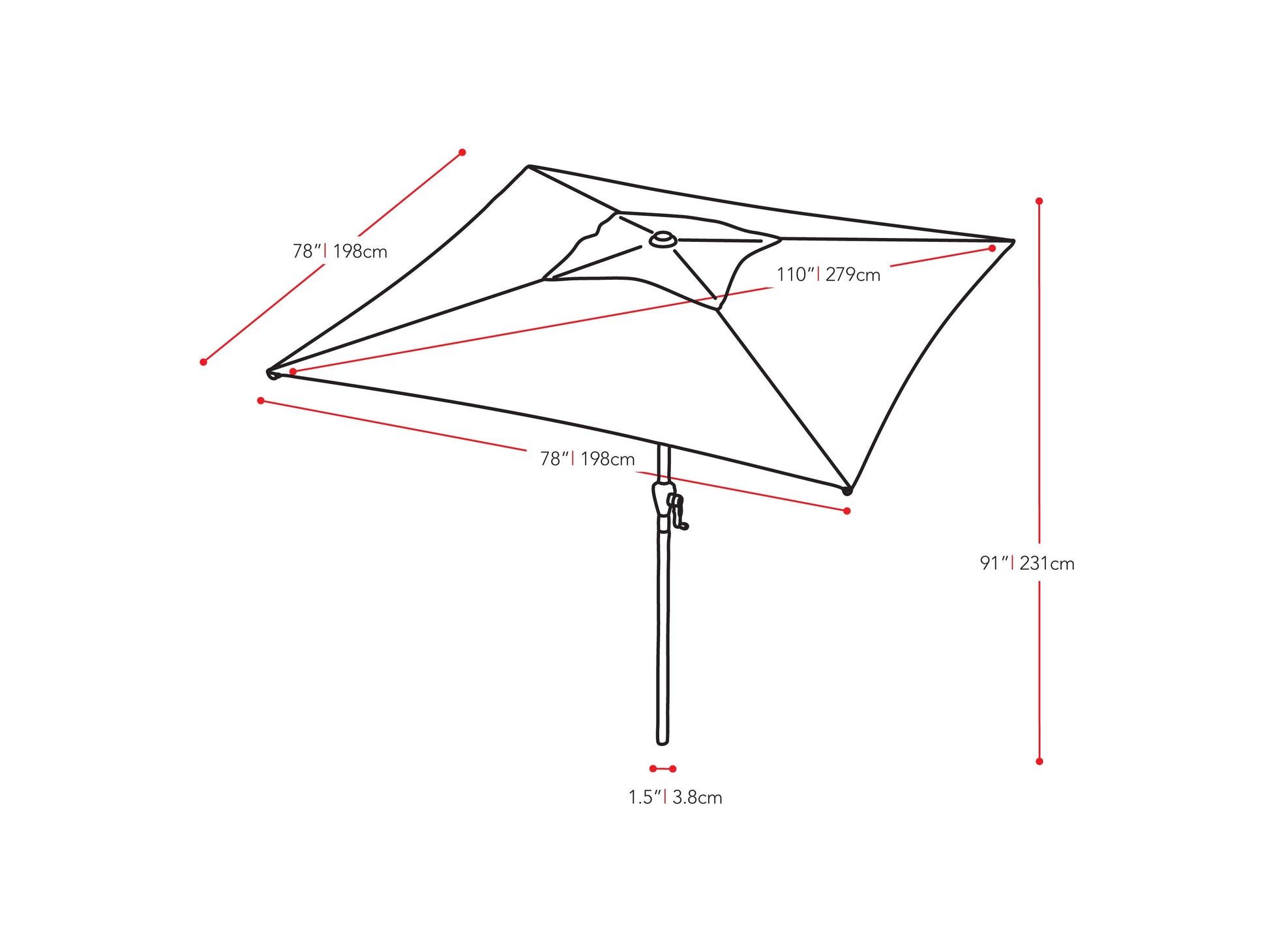 turquoise blue square patio umbrella, tilting 300 Series measurements diagram CorLiving#color_ppu-turquoise-blue