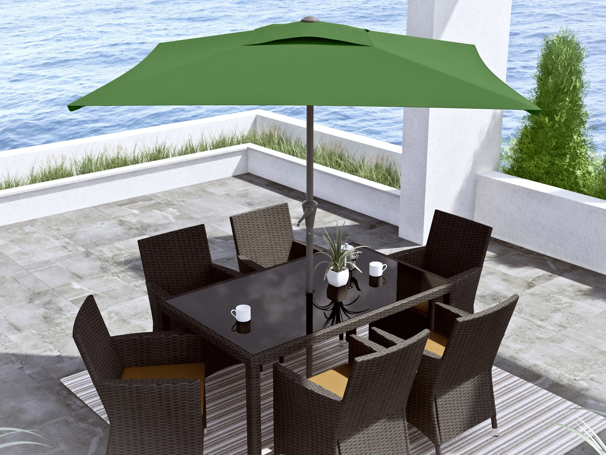 Forest green 9ft square patio umbrella with tilting feature, durable fabric, and sturdy pole for outdoor shade.