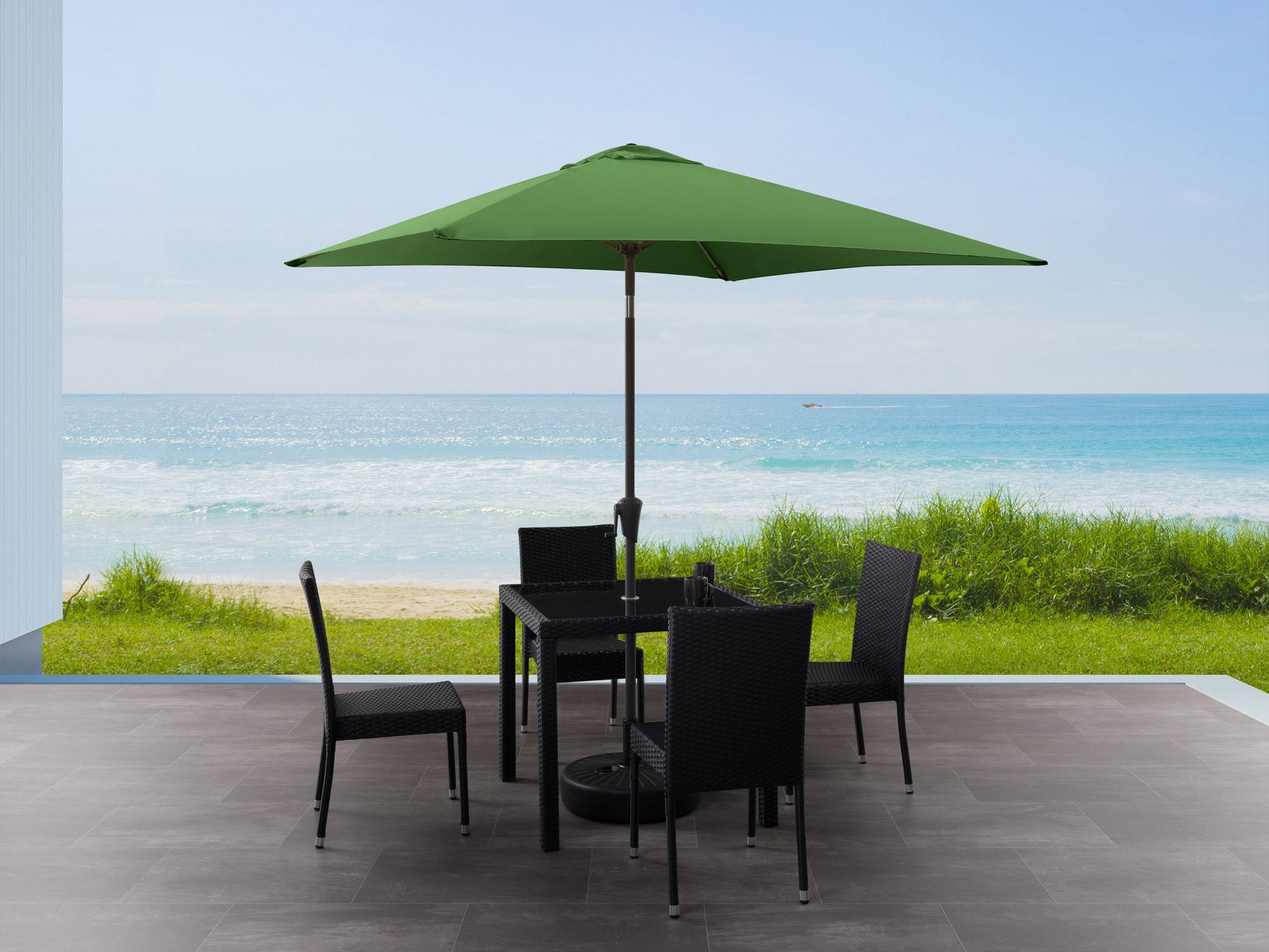 Forest green 9ft square patio umbrella with tilting feature, durable fabric, and sturdy metal pole for outdoor shade.