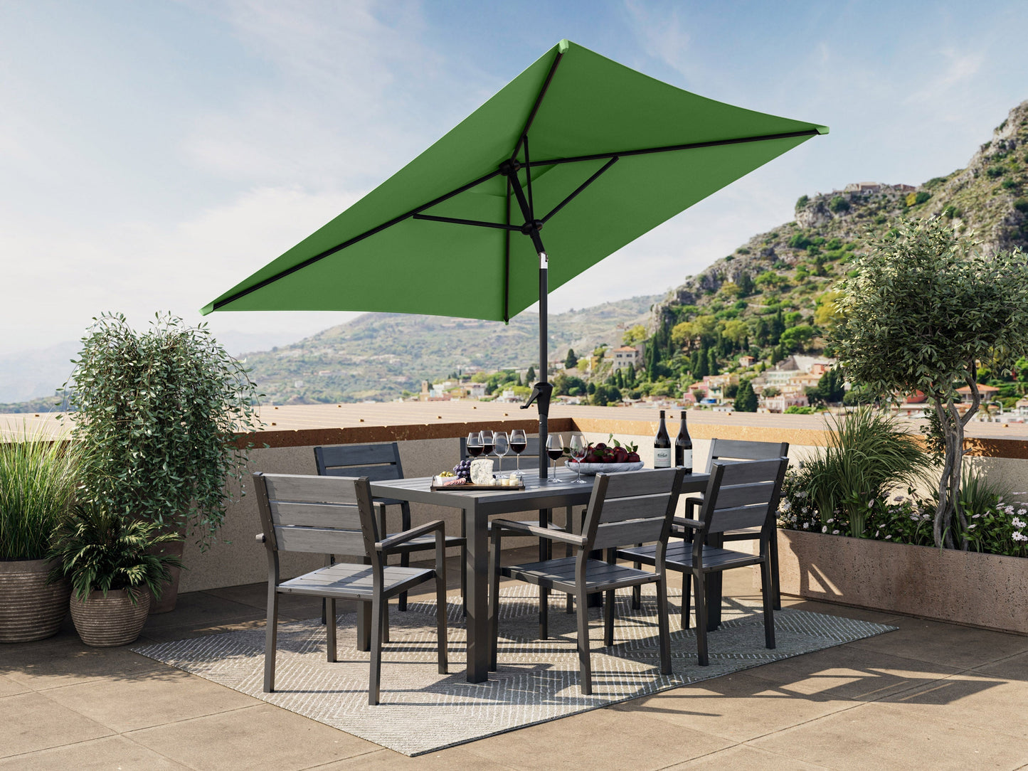 Forest green 9ft square patio umbrella with tilting feature and sturdy aluminum pole for outdoor shade.