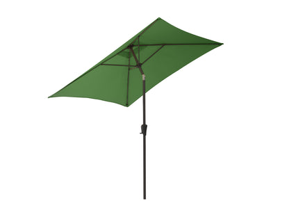 Forest green 9ft square patio umbrella with tilting feature and durable fabric for outdoor use.