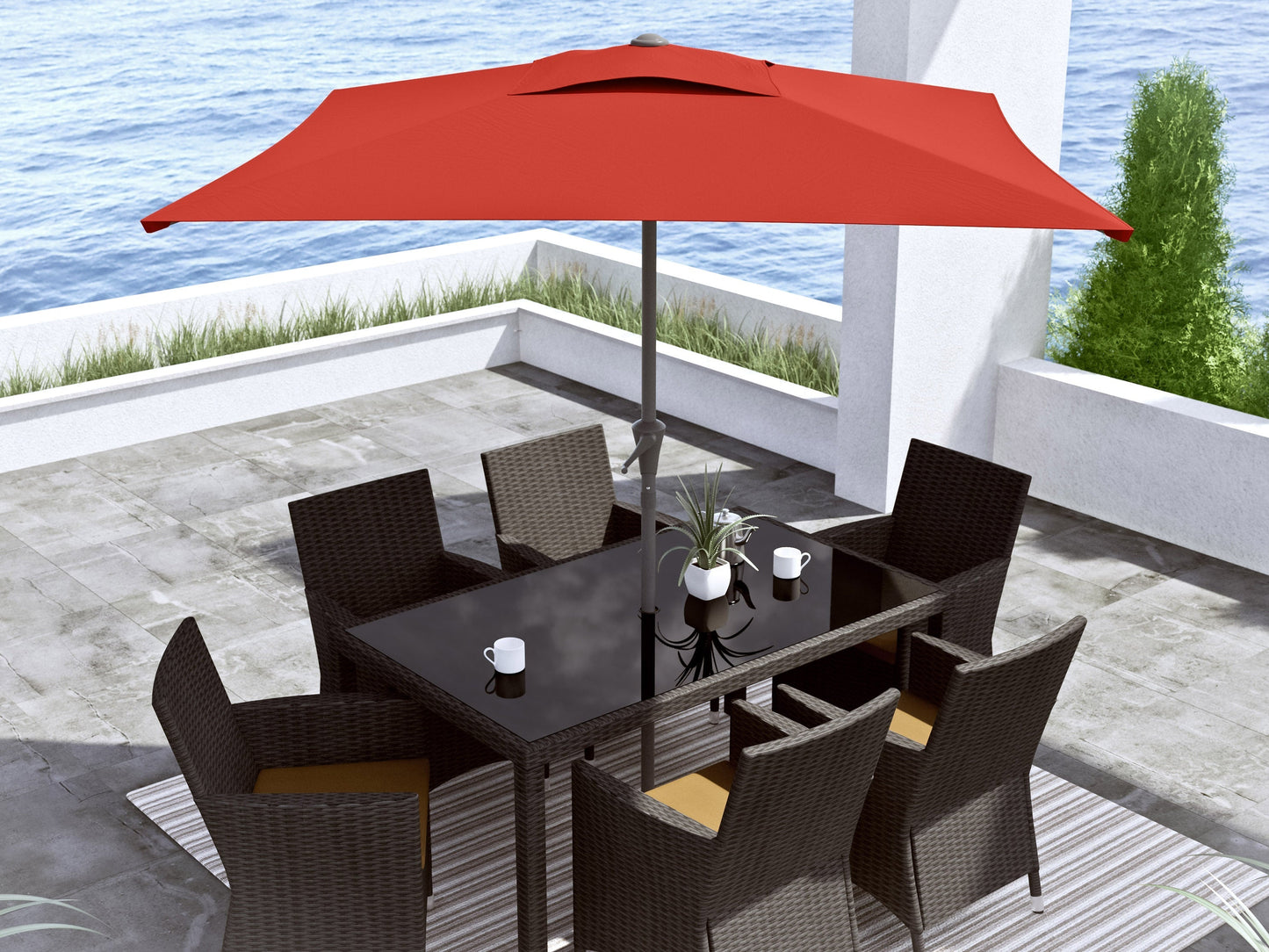 Crimson red 9ft square patio umbrella with tilting feature and durable aluminum frame for outdoor shade.