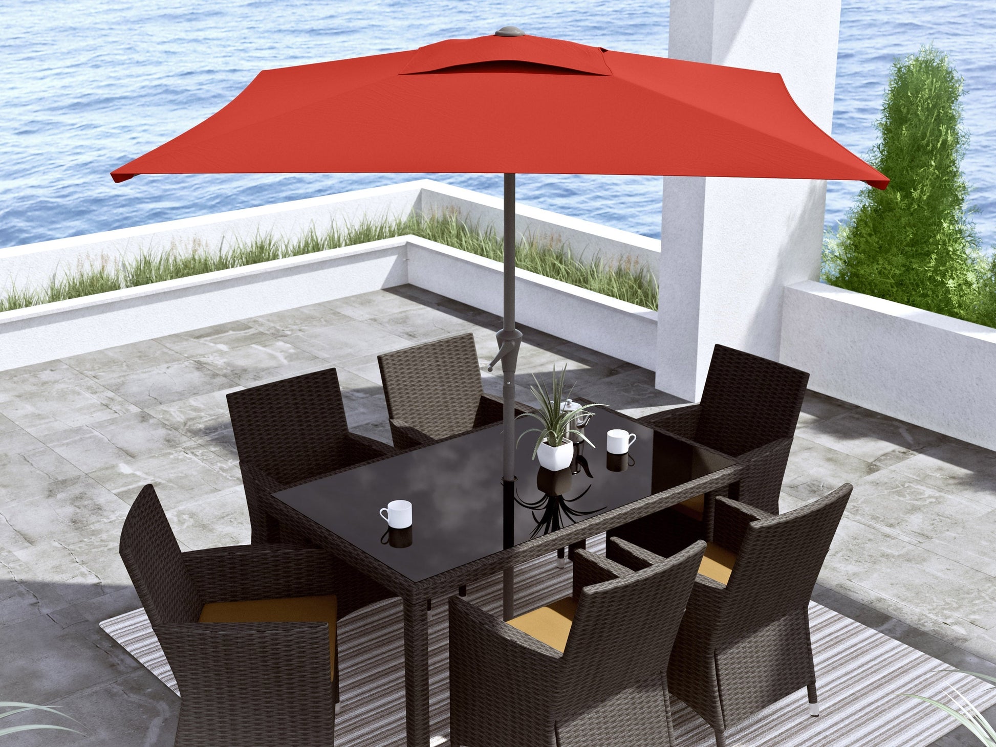 Crimson red 9ft square patio umbrella with tilting feature and durable aluminum frame for outdoor shade.