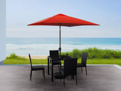 Crimson red 9ft square patio umbrella with tilting feature, durable fabric, and sturdy metal pole for outdoor use.