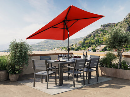 Crimson red 9ft square patio umbrella with tilting feature, UV-resistant fabric, and sturdy aluminum pole.