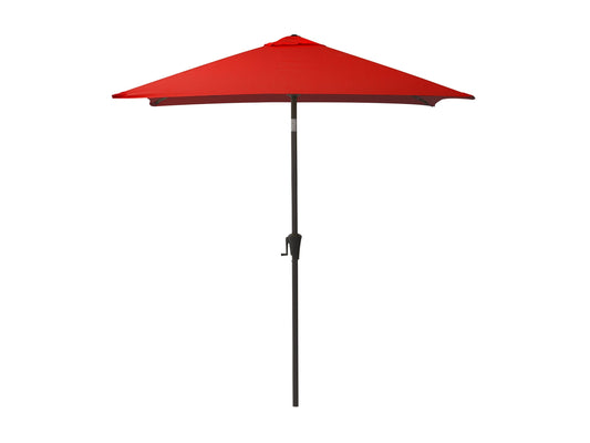 Crimson red 9ft square patio umbrella with tilting feature, UV-resistant fabric, and sturdy aluminum pole.