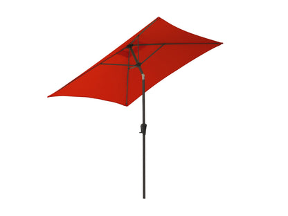 Crimson red 9ft square patio umbrella, tilting feature, weather-resistant fabric, and sturdy metal pole.