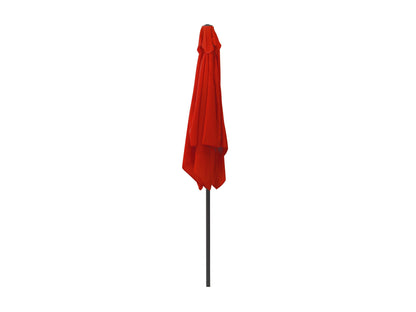 Crimson red 9ft square patio umbrella with tilting feature, UV-resistant fabric, and durable metal frame.