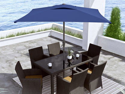 Cobalt blue 9ft square patio umbrella with tilting feature, sturdy aluminum pole, and UV-resistant fabric.